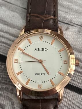 Meibo Rose Gold Tone Brown Band Quartz Watch